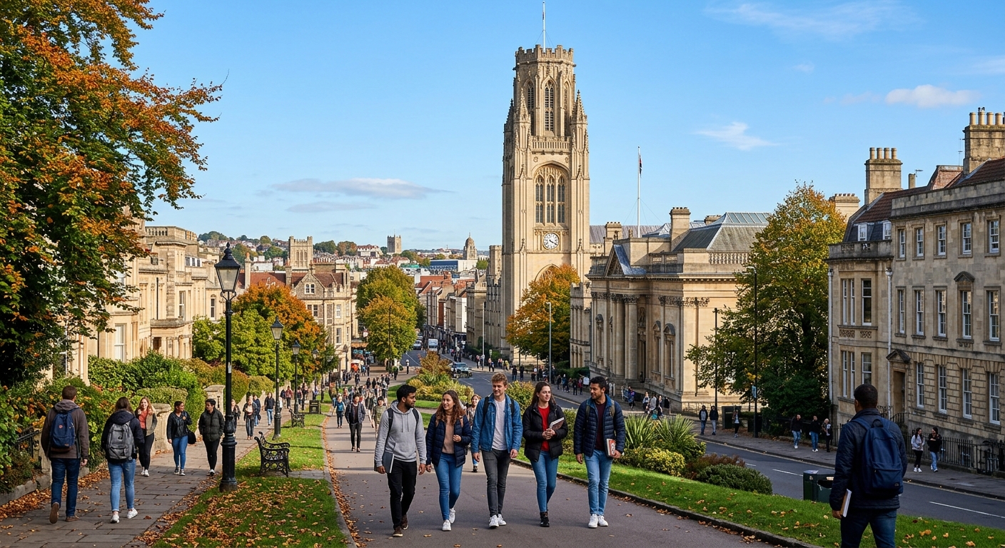 University of Bristol campus with the iconic Wills Memorial Building tower rising above Victorian architecture, students walking along tree-lined paths in the Clifton area, with a clear sky over the historic city of Bristol, United Kingdom