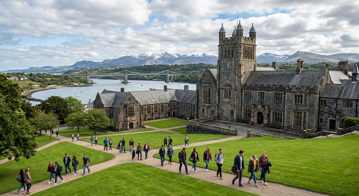 Historic Bangor University campus with Victorian stone buildings set against the backdrop of Snowdonia mountains and the Menai Strait in North Wales, students walking across green lawns under a partly cloudy sky