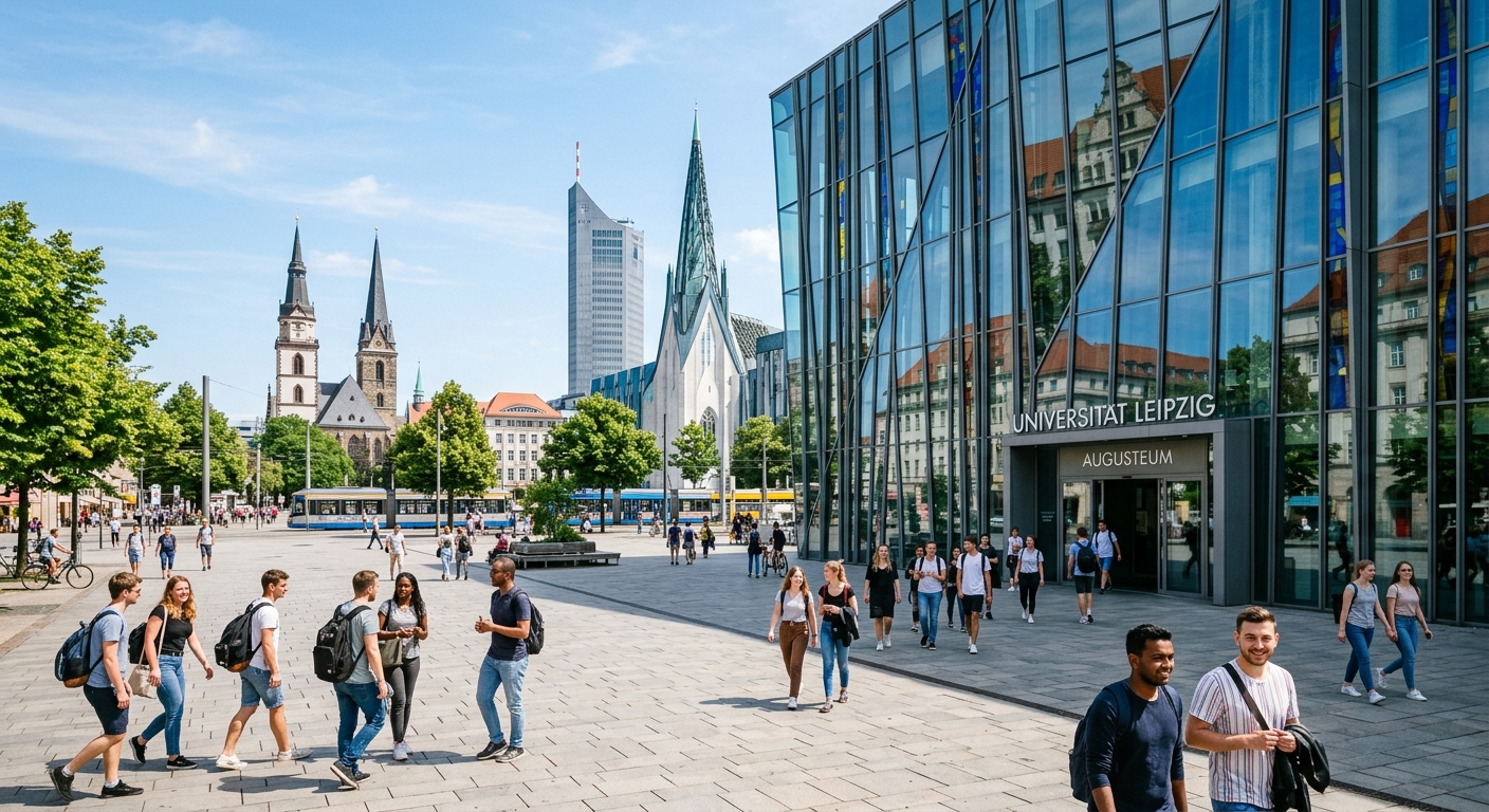 Modern Augusteum building at University of Leipzig with glass facade, students walking across Campus Augustusplatz, historic city center of Leipzig visible in background, sunny day