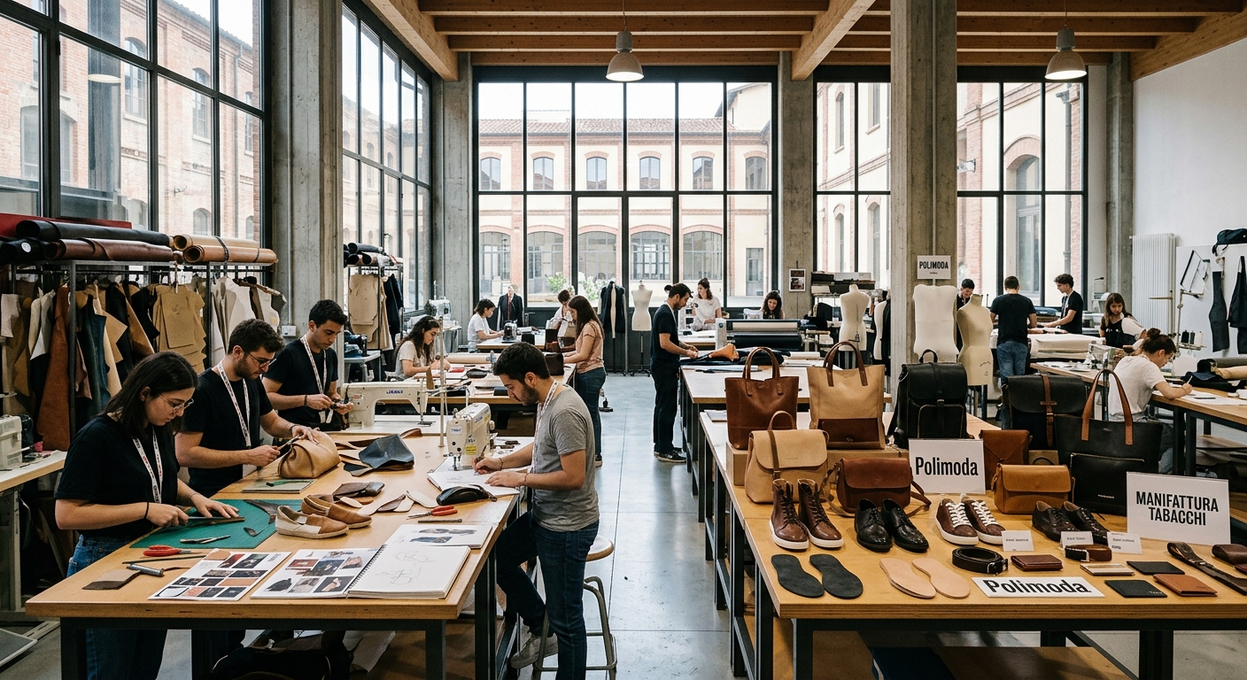 Polimoda Manifattura Tabacchi campus in Florence Italy, modern fashion design workshop with leather accessories, handbags and shoes on display tables, students working on prototypes, bright industrial-style interior with large windows