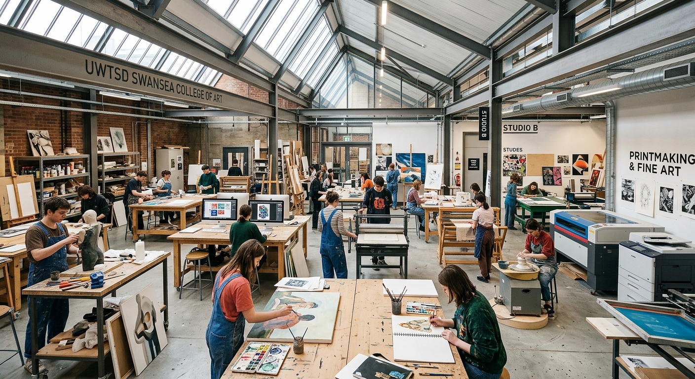 UWTSD Swansea College of Art interior, spacious art studio with natural light, students working on creative projects, modern design equipment visible