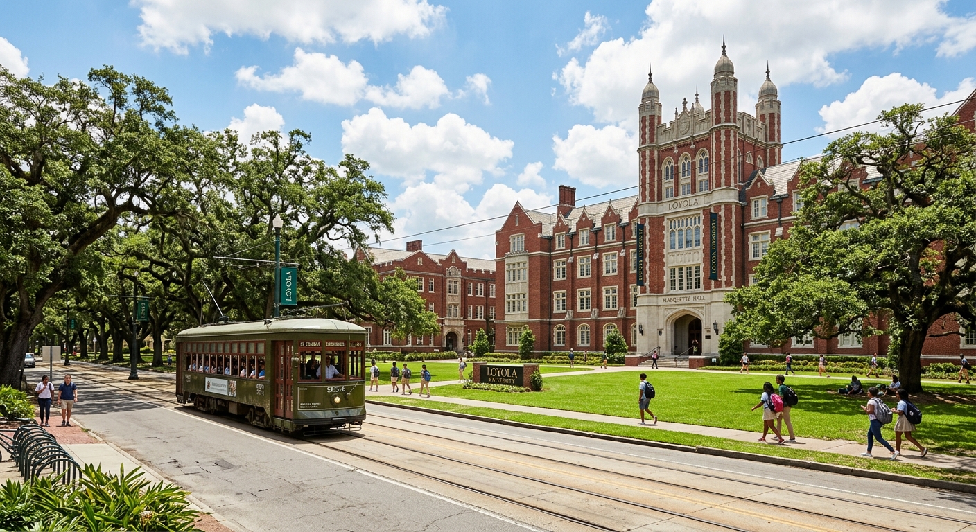 Historic Loyola University New Orleans campus with red-brick Tudor-Gothic buildings along oak-lined St. Charles Avenue, streetcar passing by, vibrant green lawn under sunny Louisiana sky