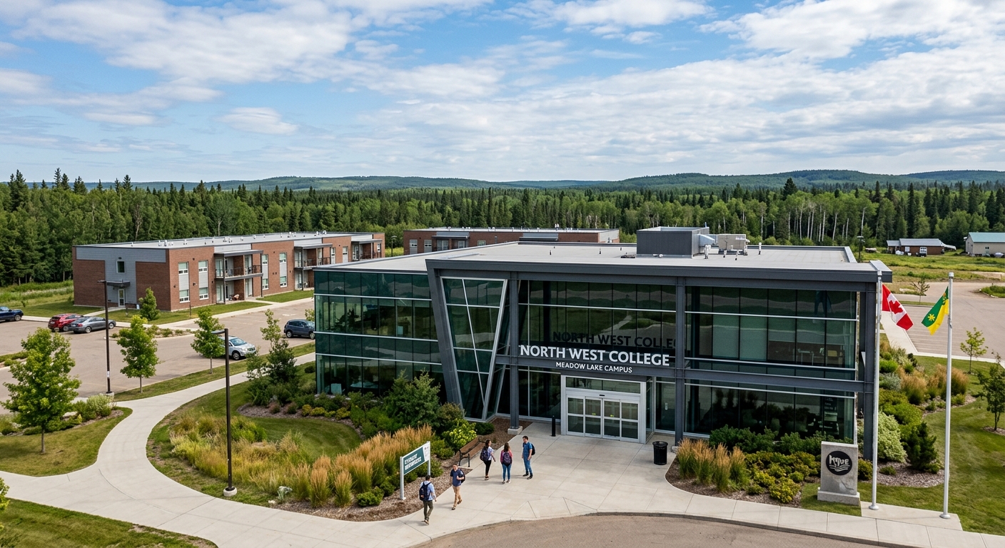 North West College Meadow Lake campus, modern glass entrance building, student residences visible, northern Saskatchewan landscape