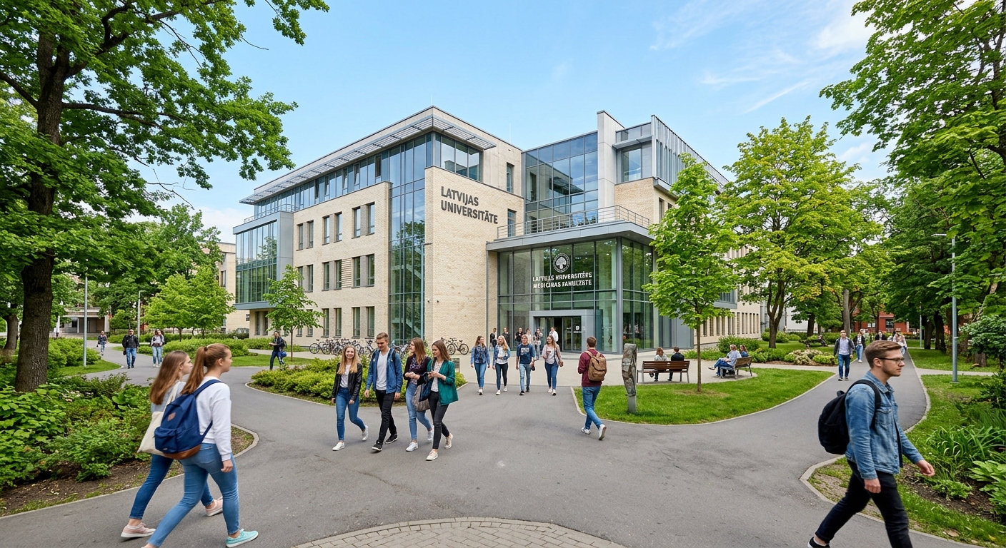 University of Latvia Faculty of Medicine building in Riga with modern campus architecture, green courtyard, and students walking along tree-lined pathways under a clear Baltic sky