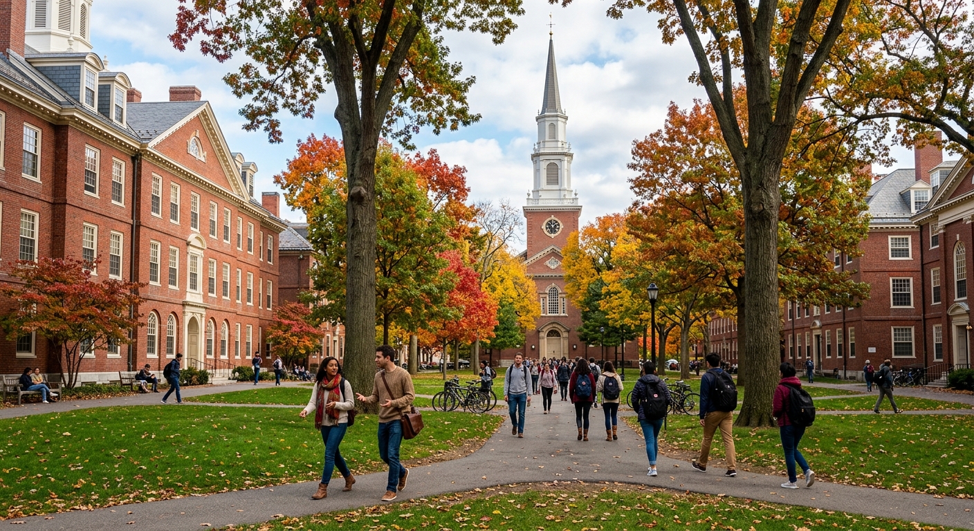 Harvard University campus in Cambridge Massachusetts, red brick buildings with white trim, green lawns, students walking along tree-lined pathways, iconic Harvard Yard with Memorial Church in background, autumn foliage