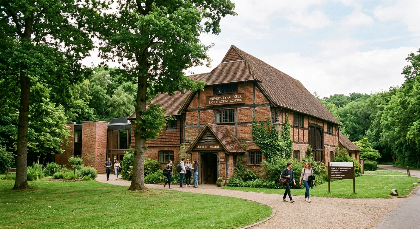 University of Essex East 15 Acting School in Loughton, historic building with theatre studios, green surroundings on the edge of east London