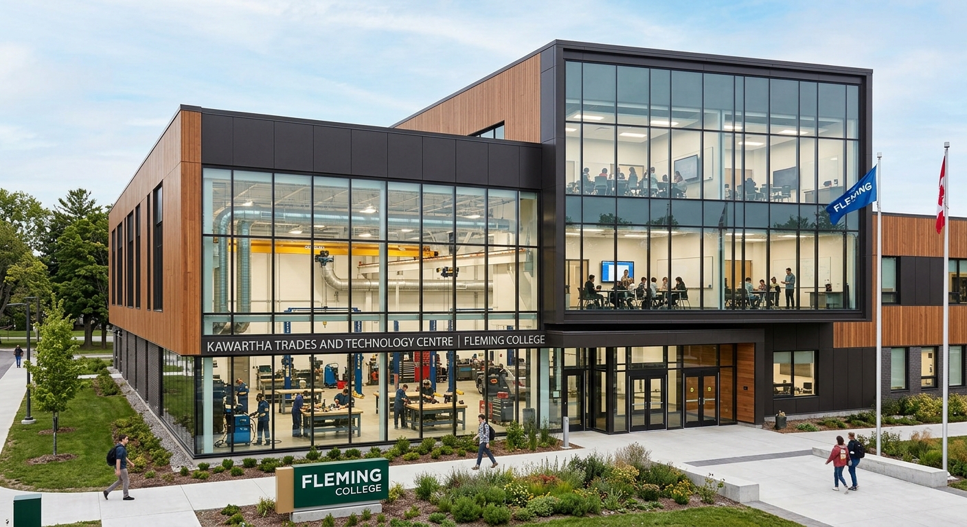 Kawartha Trades and Technology Centre at Fleming College, modern industrial building with large glass windows, showing skilled trades workshop spaces and smart classrooms