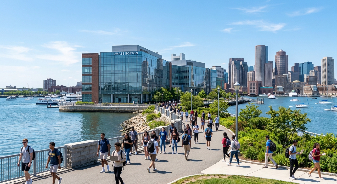 UMass Boston waterfront campus with modern glass buildings overlooking Boston Harbor, students walking along pathways with city skyline in background, sunny day