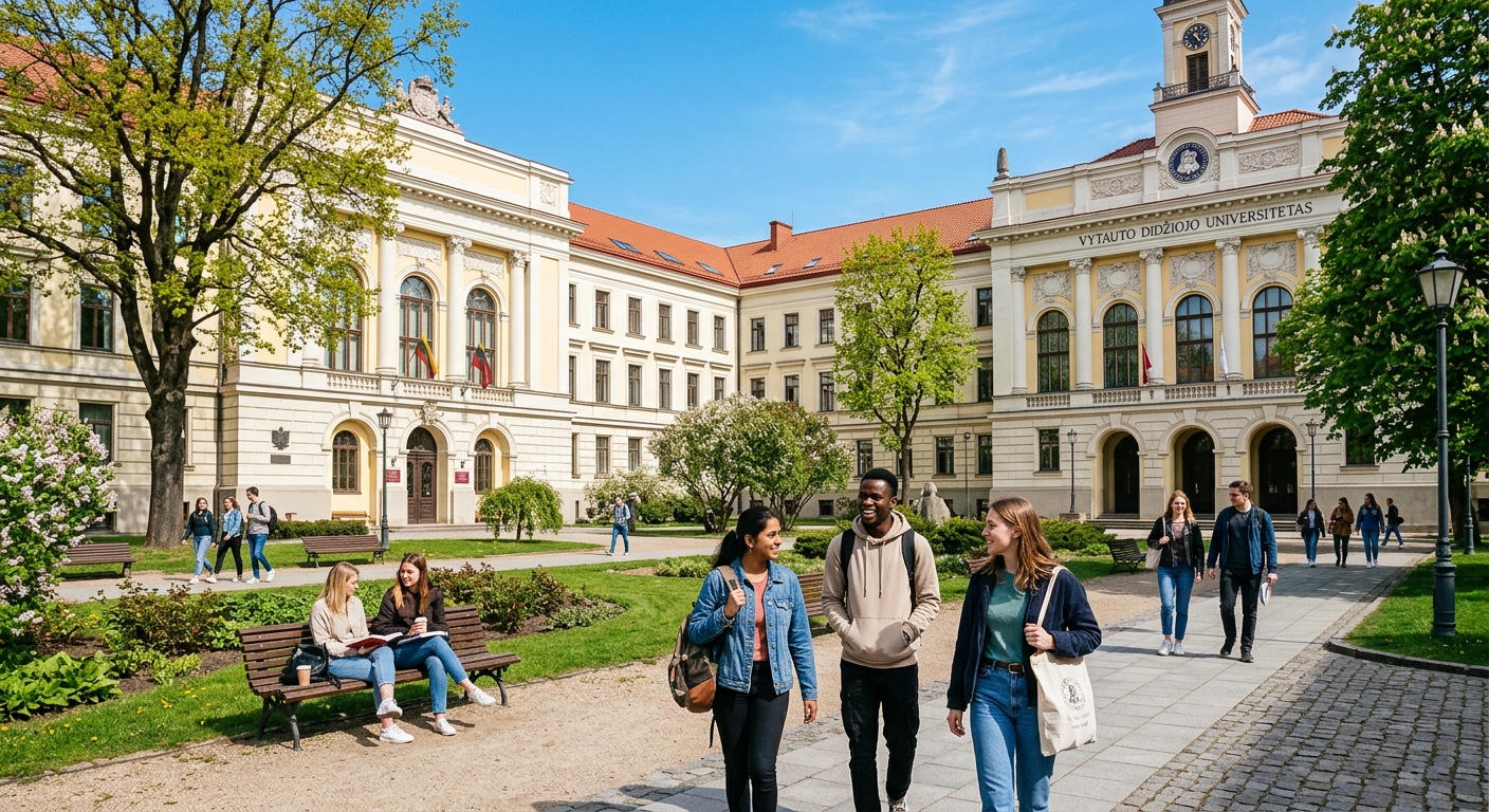 Historic Vytautas Magnus University campus in Kaunas Lithuania, classical European architecture with green courtyard, international students walking between faculty buildings, spring day with clear blue sky