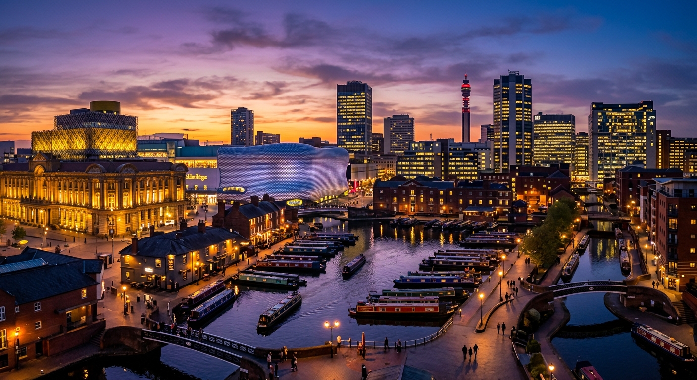 Birmingham city centre skyline at dusk showing the Bullring shopping centre, Birmingham Library, canals with narrowboats, and modern office towers illuminated against a purple and orange sunset sky