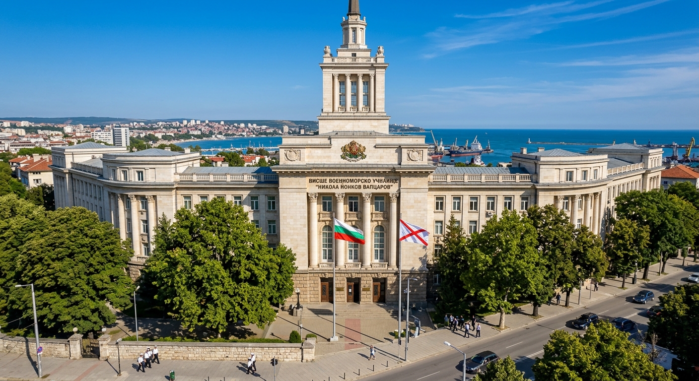 Nikola Vaptsarov Naval Academy main campus building in Varna Bulgaria, imposing institutional architecture with Bulgarian and naval flags, green trees lining Vasil Drumev Street, clear blue sky, Black Sea coastal city backdrop