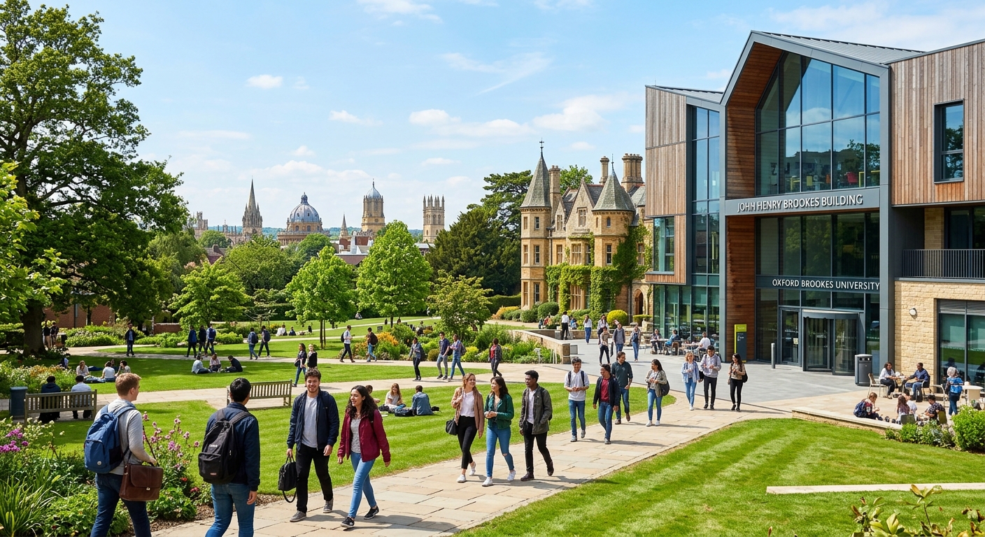 Oxford Brookes University Headington campus with the modern John Henry Brookes Building, students walking through green courtyards, historic Oxford skyline in the background, bright daylight
