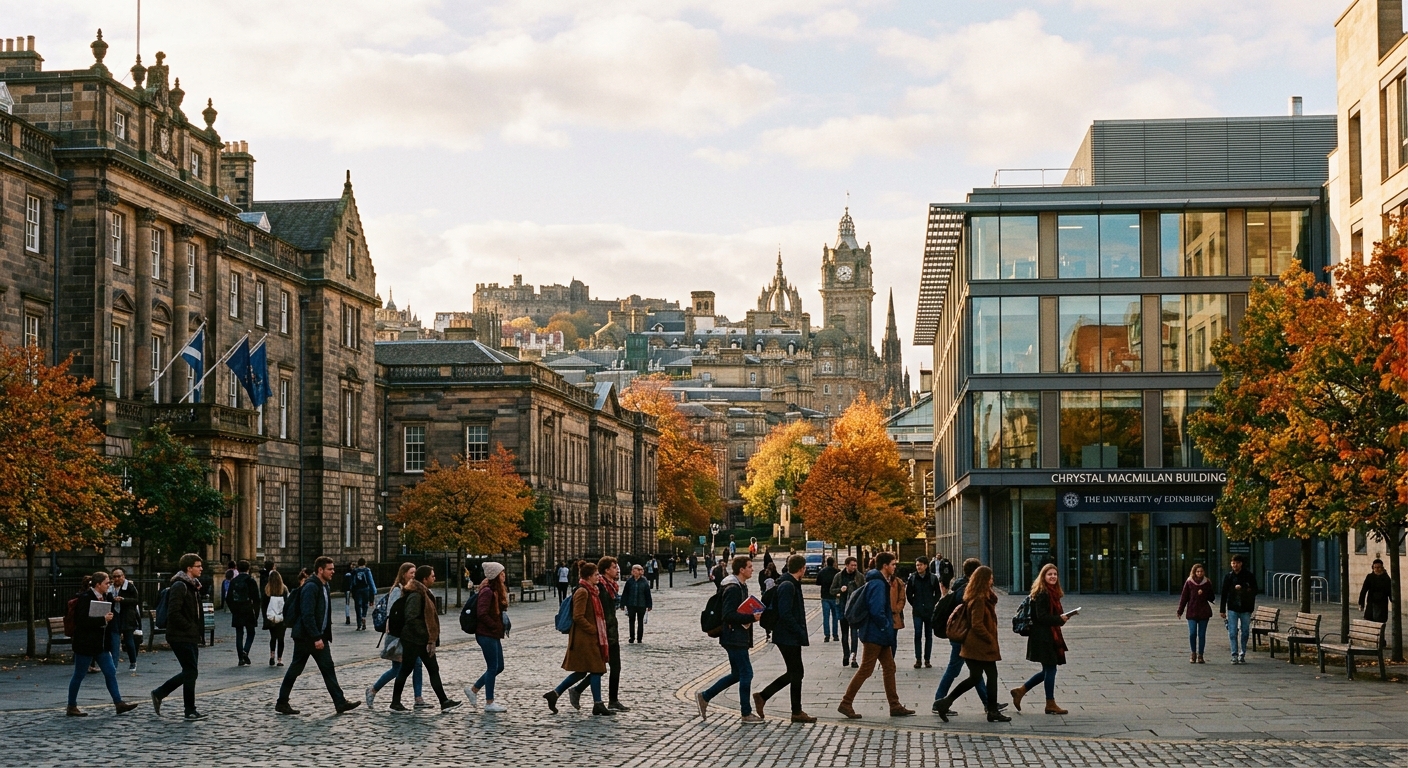 Historic University of Edinburgh campus buildings on George Square with students walking through the courtyard, Chrystal Macmillan Building visible, Edinburgh Old Town skyline in background, autumn sunlight