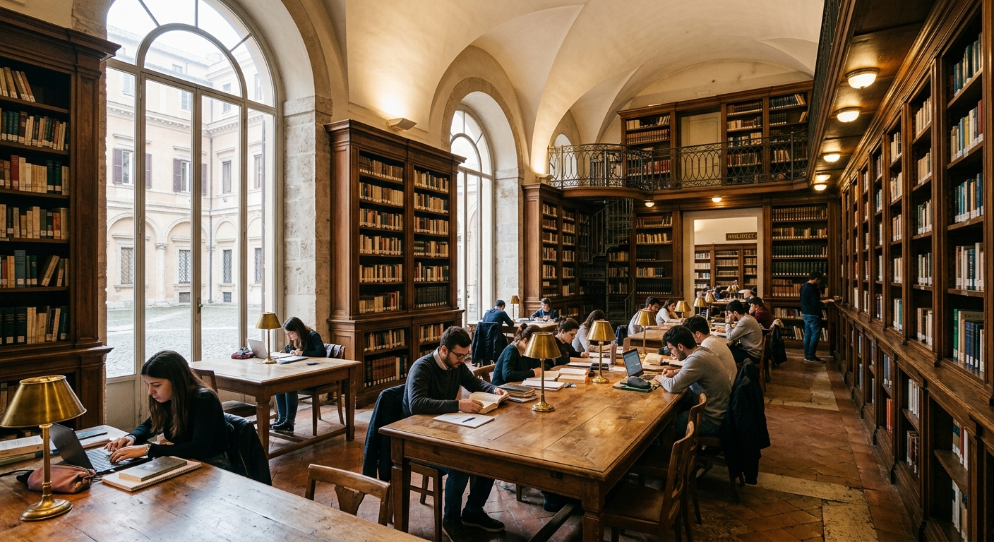 LUMSA University library interior with tall bookshelves, warm lighting, students studying at wooden desks, arched windows with natural light, historic Italian academic setting