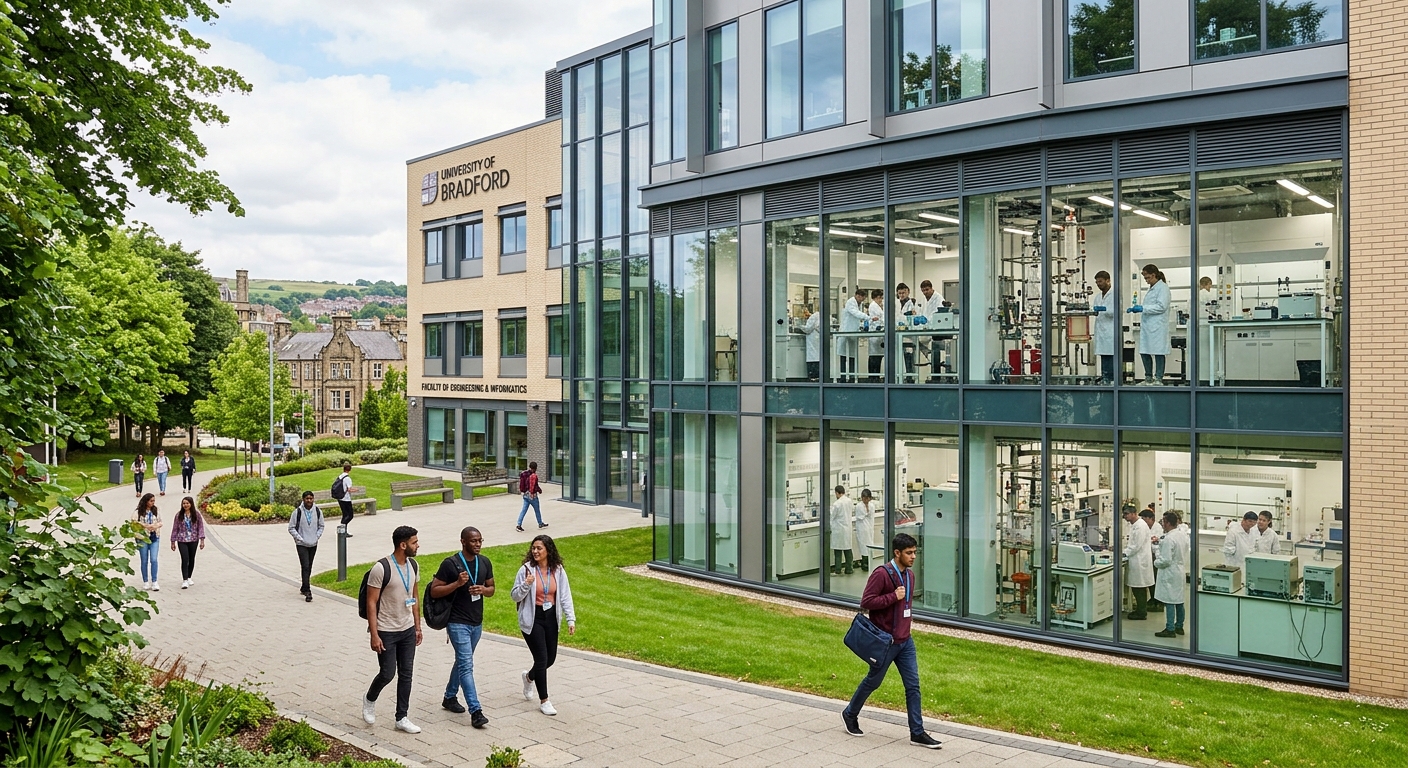 University of Bradford engineering campus building with modern laboratory facilities, chemical engineering equipment visible through glass windows, students walking on campus pathways, green lawns and trees in Bradford, West Yorkshire, United Kingdom