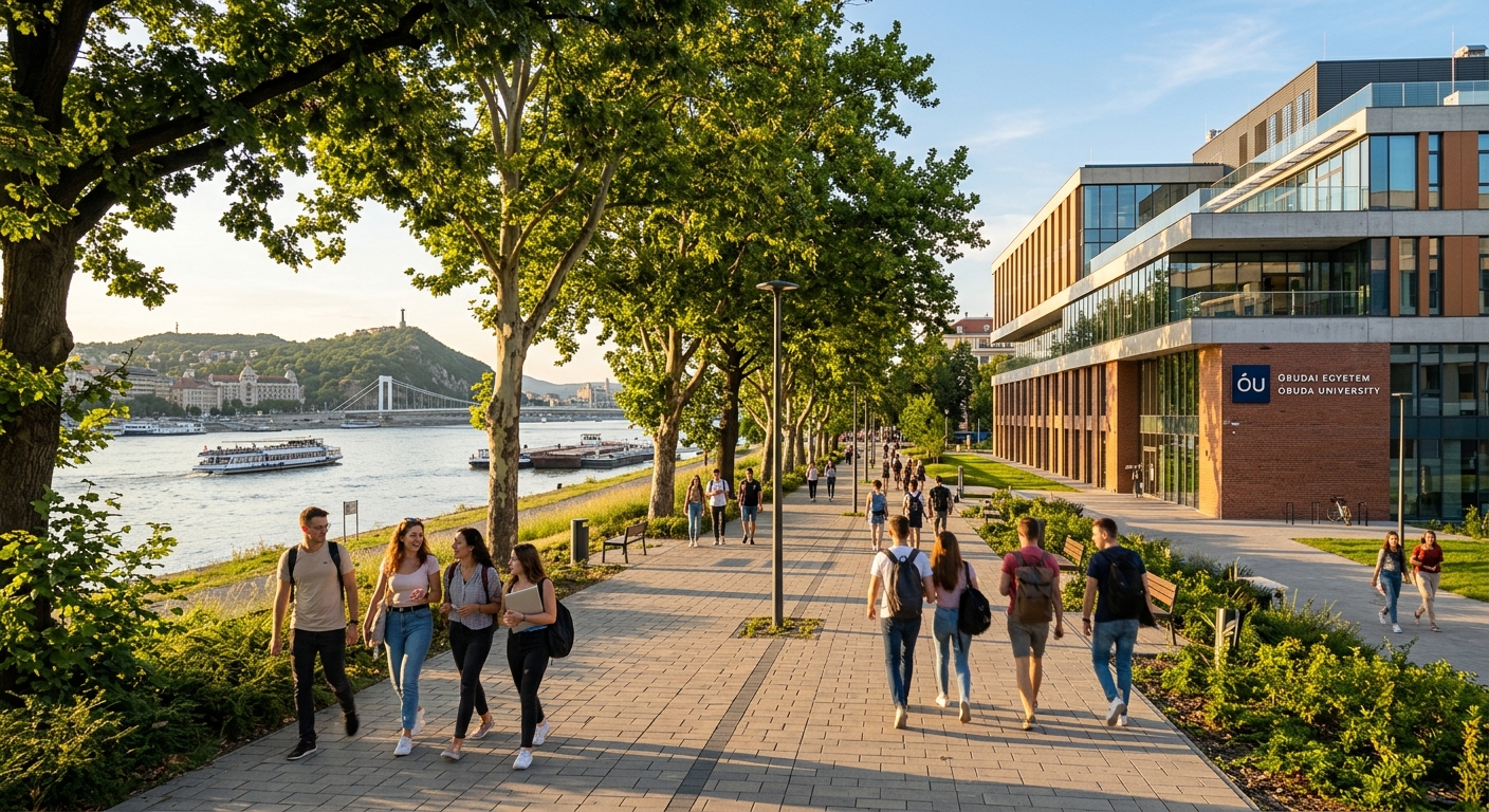 Modern university campus building in Budapest with students walking along tree-lined pathways, Danube River visible in the background, warm sunlight illuminating the architectural facade of Obuda University