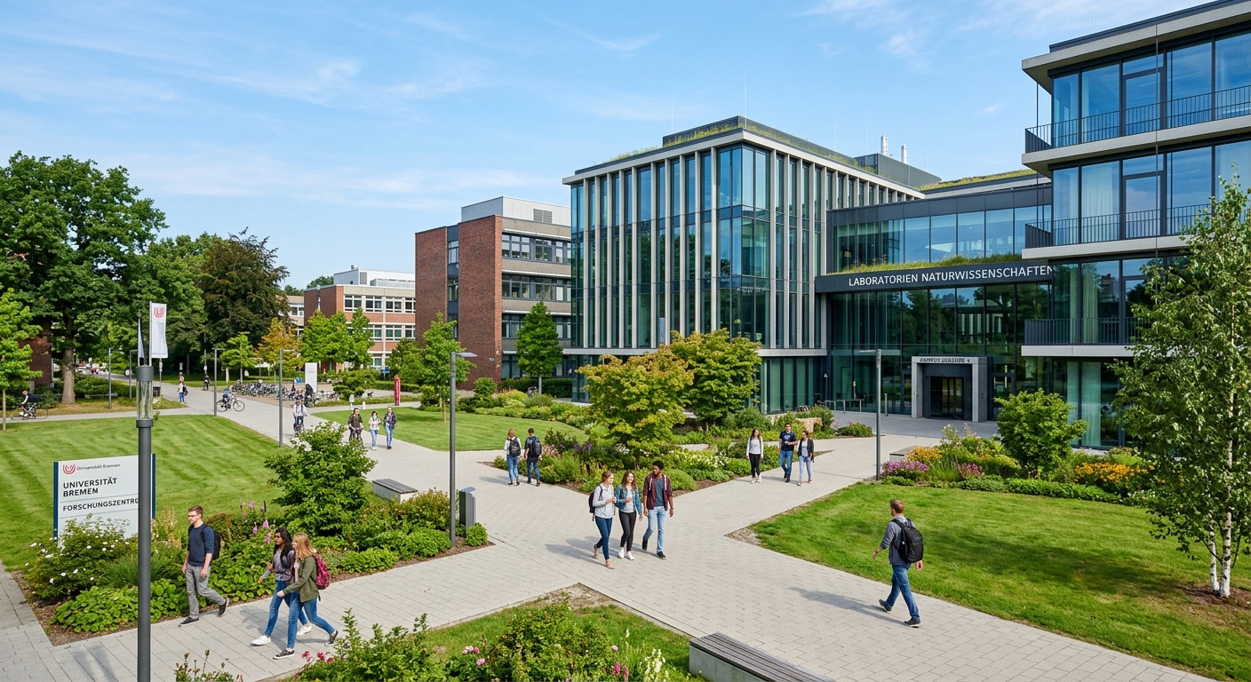 Modern university campus in Bremen Germany with contemporary research buildings, green landscaped grounds, students walking between laboratory facilities, clear sky, European architectural style