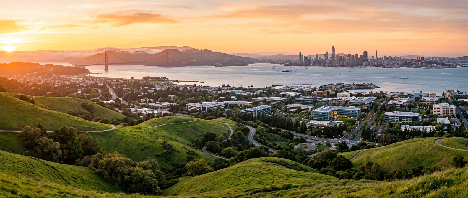 Panoramic view of the San Francisco Bay Area skyline at golden hour, with rolling green hills of the Peninsula in the foreground, tech company campuses visible, San Francisco skyline and Golden Gate Bridge in the distance