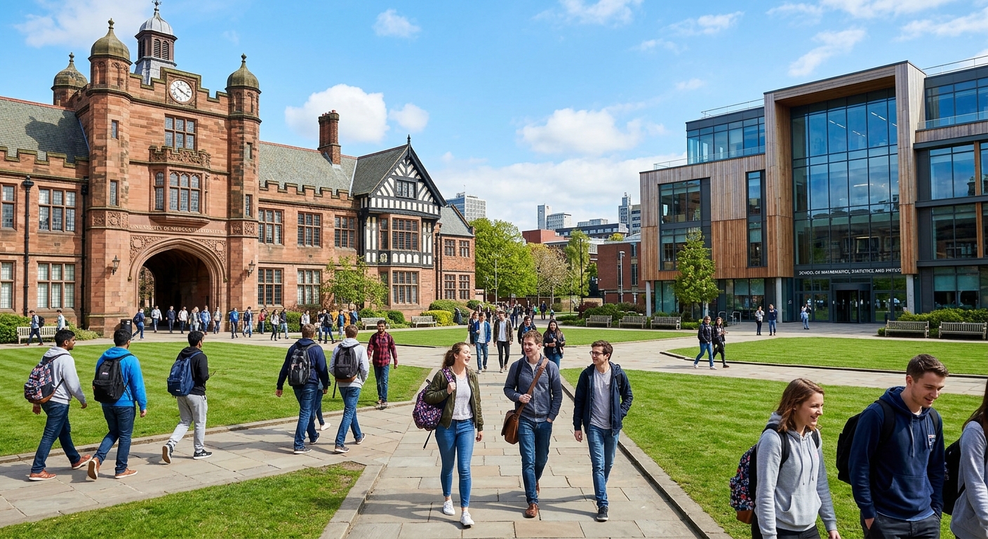 Newcastle University campus with the historic Arches building and modern School of Mathematics, Statistics and Physics, students walking across the quadrangle on a sunny day in Newcastle upon Tyne, England