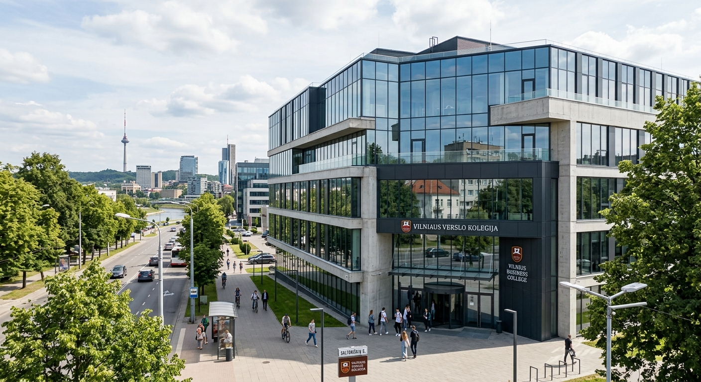 Modern Vilnius Business College building exterior, contemporary glass and concrete architecture, Saltoniskiu street location, urban Vilnius backdrop with trees