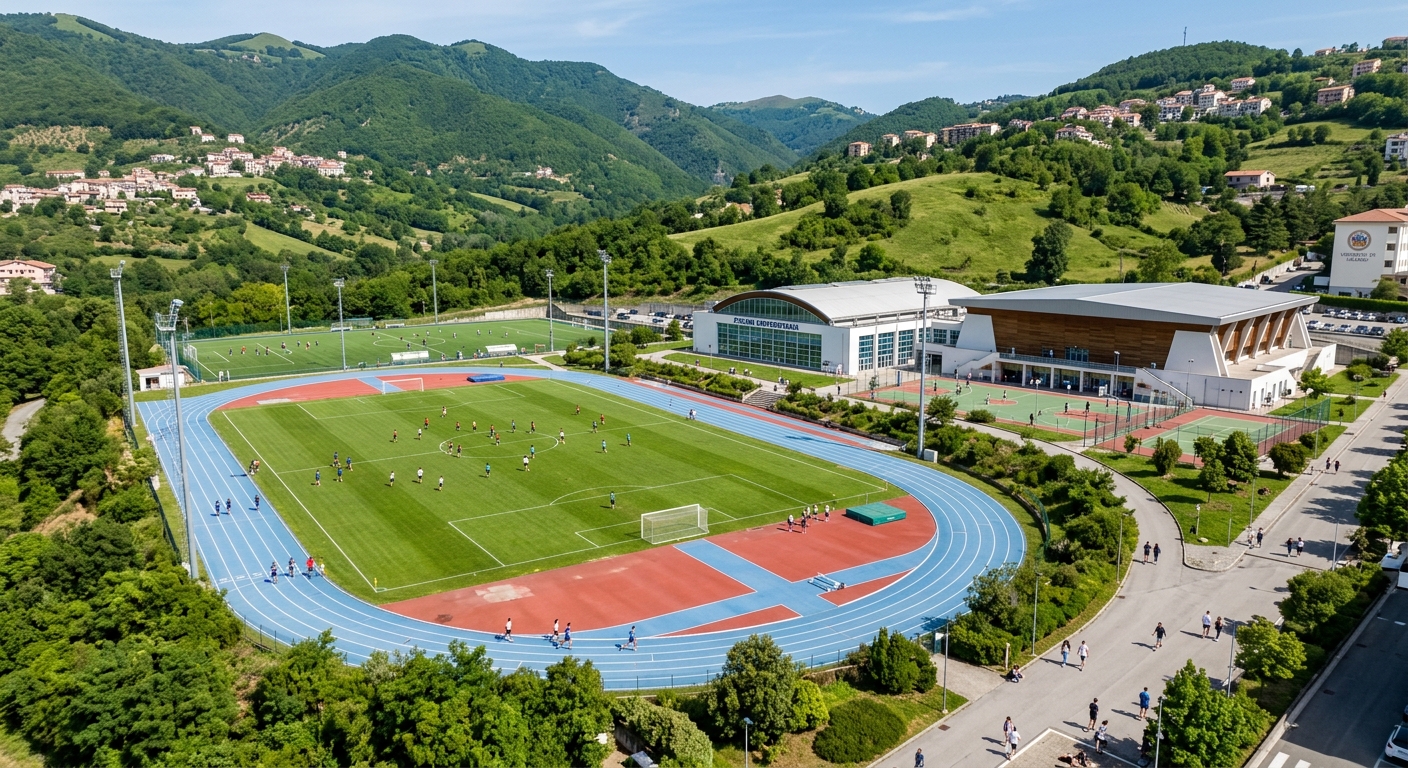 University of Salerno sports facilities, outdoor athletic fields, indoor swimming pool building, gymnasium complex, students exercising, green hillside setting