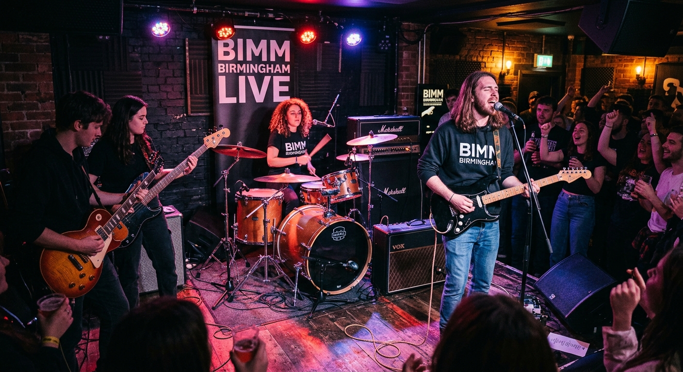 BIMM Birmingham live performance space with stage lighting, drum kit, amplifiers, microphone stands, students performing on stage in intimate venue setting