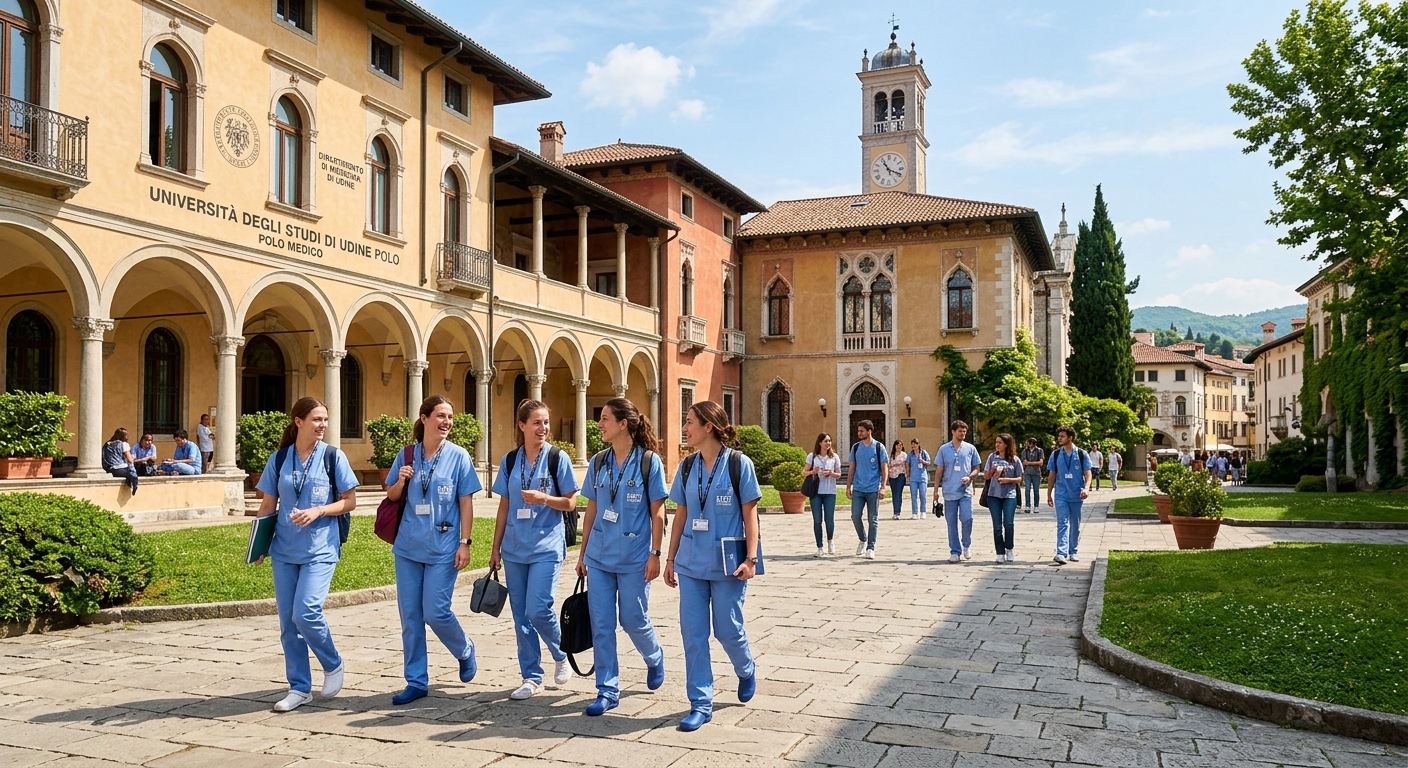 University of Udine medical campus building with students in clinical uniforms walking through a sunlit courtyard, historic Italian architecture in the background, Friuli Venezia Giulia region