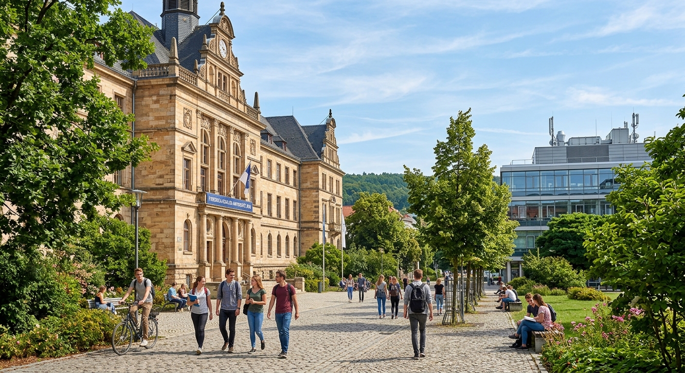 Friedrich Schiller University Jena campus with historic stone buildings surrounded by lush greenery, students walking along tree-lined pathways in Thuringia Germany, modern science laboratory building visible in background