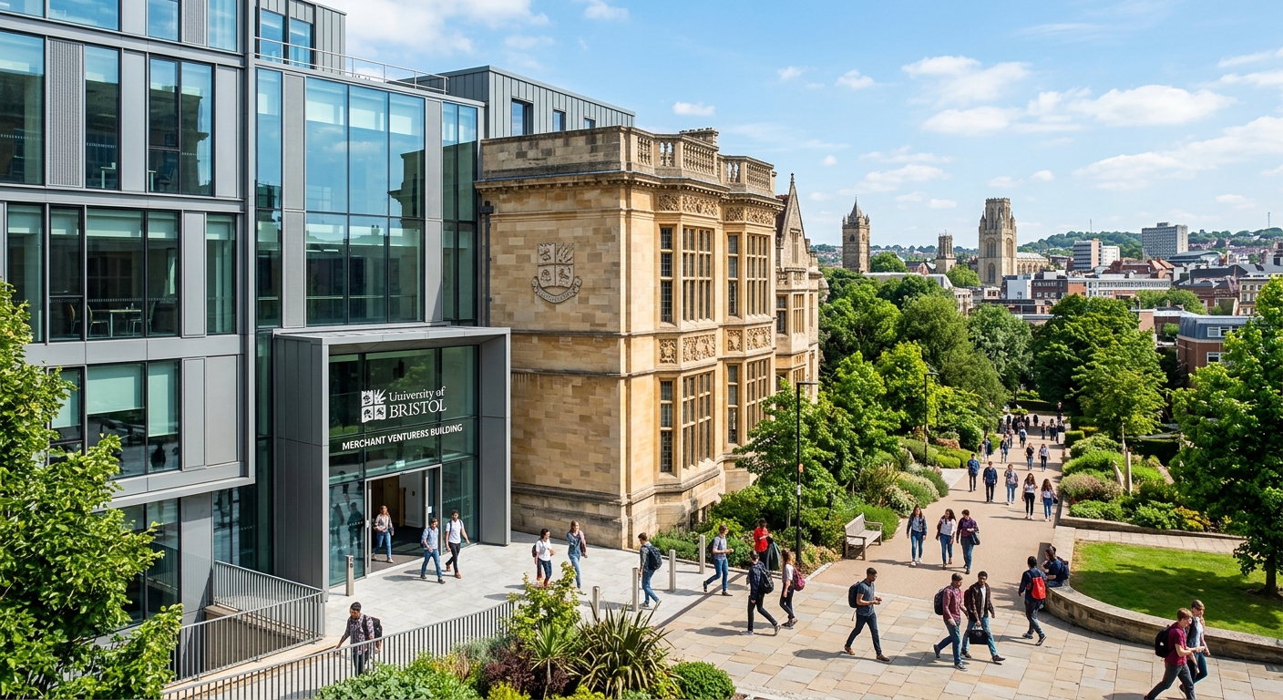 University of Bristol Merchant Venturers Building exterior with modern glass facade and historic stone architecture, students walking on campus paths with green trees, Bristol city skyline in background under blue sky