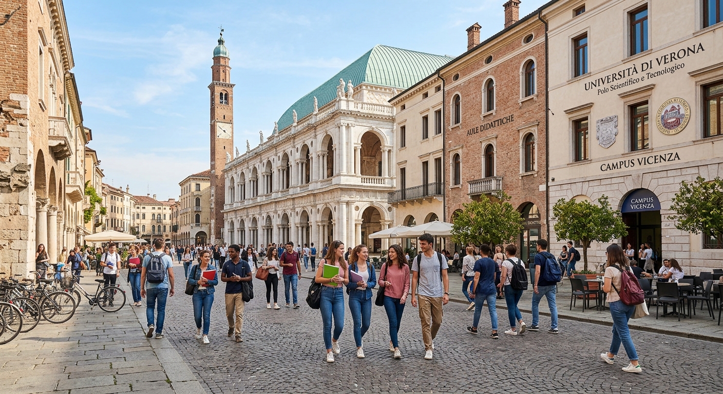 Historic Vicenza cityscape with Palladian architecture and University of Verona campus buildings, students walking through a sunlit Italian piazza with academic buildings in the background, Veneto region of Italy