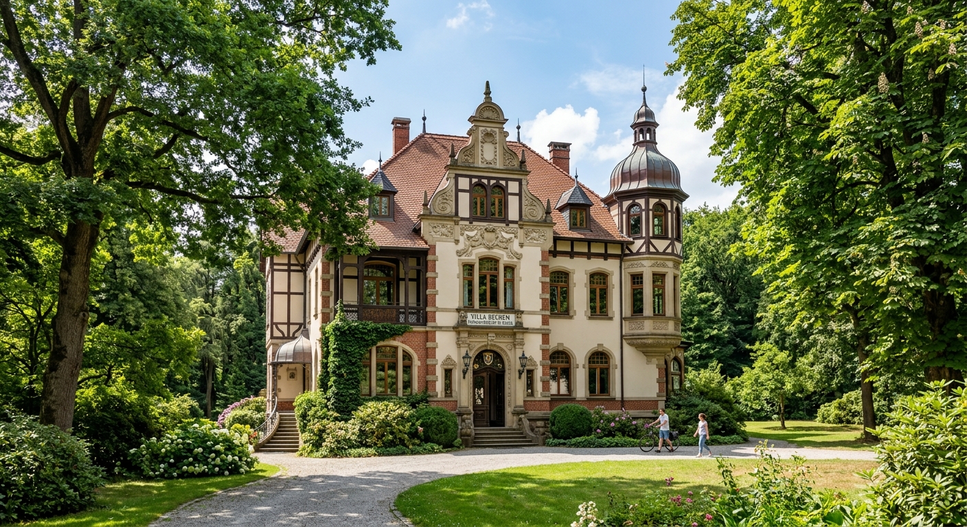 Villa Bechem historic building at FernUniversität Hagen, Art Nouveau architecture, original headquarters of the university, surrounded by mature trees