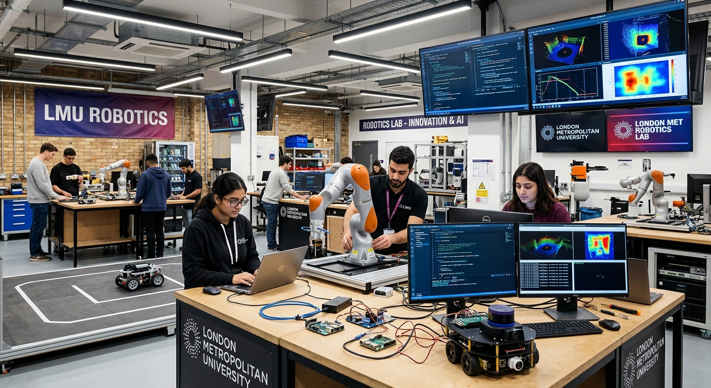 Modern robotics laboratory at London Metropolitan University with students programming robotic arms and autonomous systems, electronic components and circuit boards on workbenches, large monitors displaying AI algorithms and sensor data, bright industrial lighting