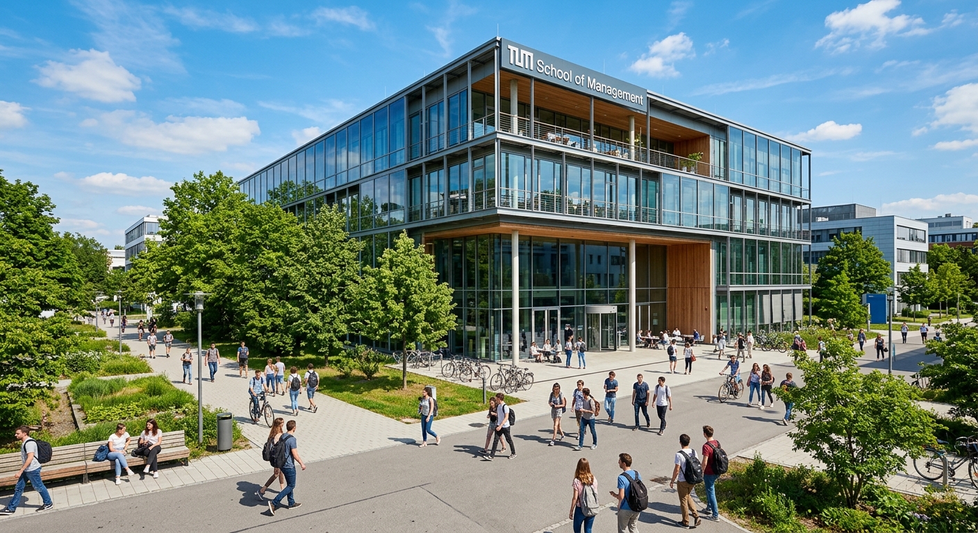 TUM School of Management building at Technical University of Munich, modern glass architecture with students walking on campus pathways, green trees and Bavarian blue sky in background