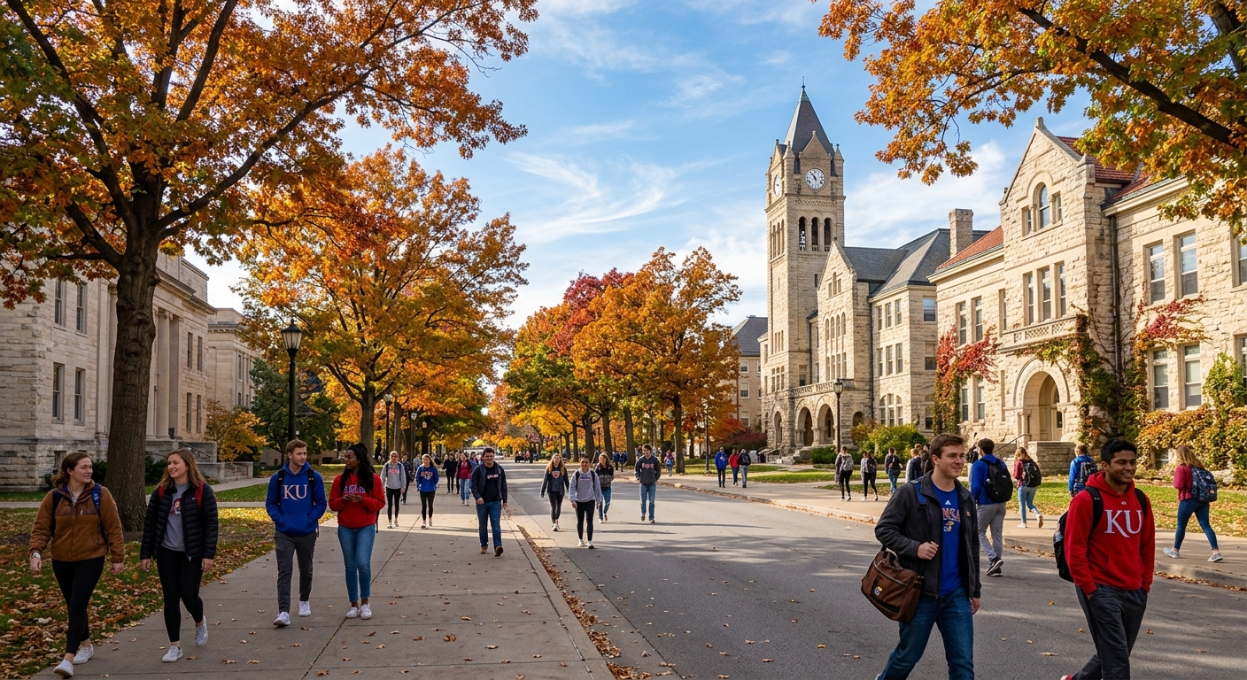 University of Kansas Jayhawk Boulevard lined with historic limestone buildings and mature trees, students walking along the main campus thoroughfare on a sunny autumn day