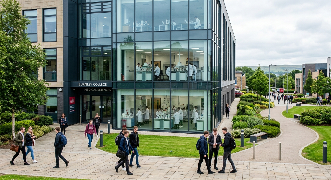 Modern university campus building at Burnley with students walking along pathways, green landscaped grounds, contemporary architecture with glass facades, medical sciences laboratory visible through windows, bright overcast English sky