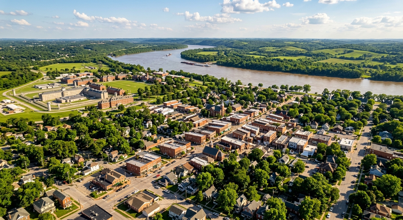 Aerial view of Leavenworth Kansas, small historic city with tree-lined streets, Missouri River in background, rolling green hills, Fort Leavenworth visible, warm afternoon light