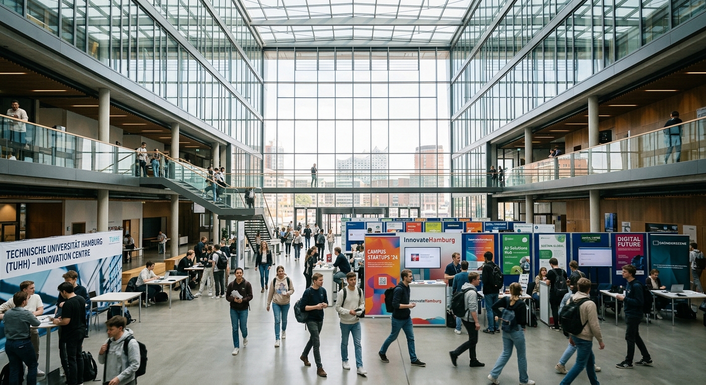 Modern glass-fronted university building in a German city, students walking through a bright atrium with startup posters and innovation displays, natural daylight streaming through large windows