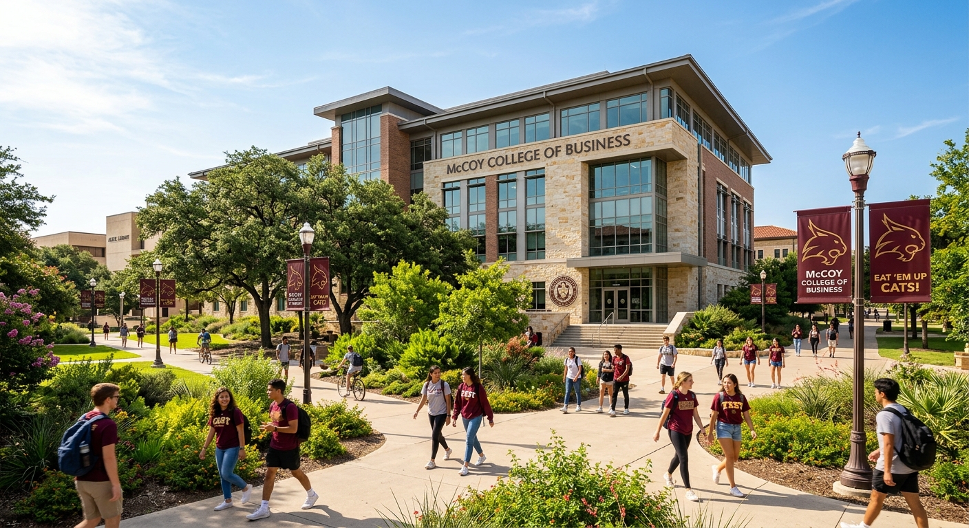 Texas State University McCoy College of Business building exterior with students walking on campus paths, lush green landscaping, warm Texas sunshine, and Bobcat spirit banners lining the walkway