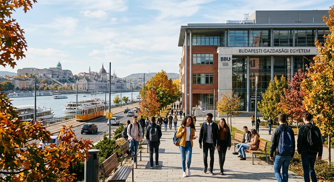Modern college campus building in Budapest Hungary with international students walking outside, Danube River visible in background, European architecture, bright autumn day