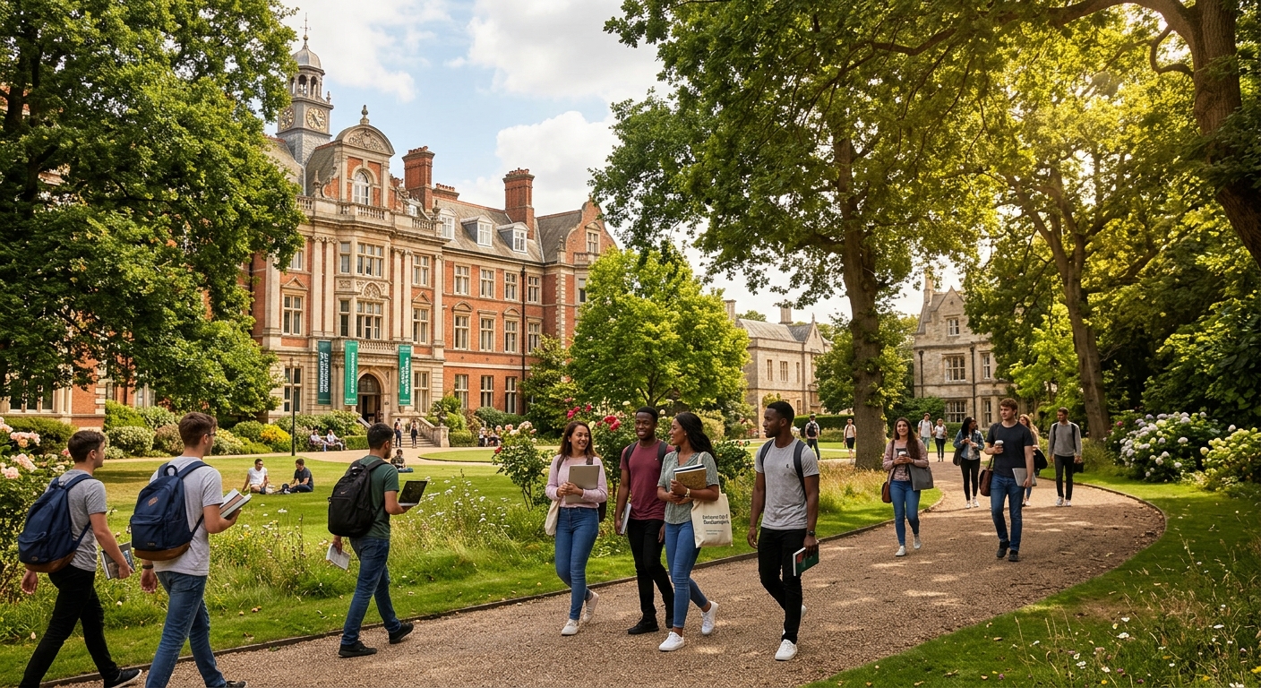 University of Roehampton campus set in lush green parkland in southwest London, historic Victorian buildings surrounded by mature trees, students walking along pathways with books and laptops, warm natural light filtering through the canopy