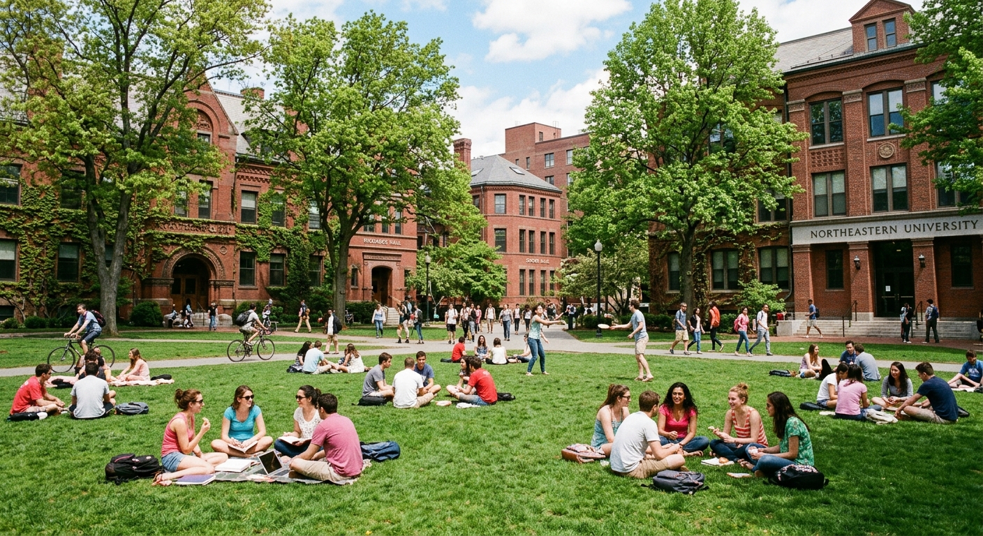 Krentzman Quad at Northeastern University with students relaxing on green grass, surrounded by historic brick buildings and mature trees, vibrant campus atmosphere