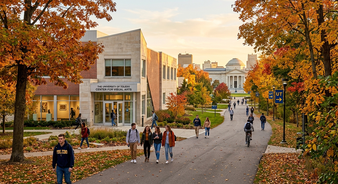 University of Toledo campus with the Center for Visual Arts building, students walking on tree-lined paths, Toledo Museum of Art visible in background, warm autumn light