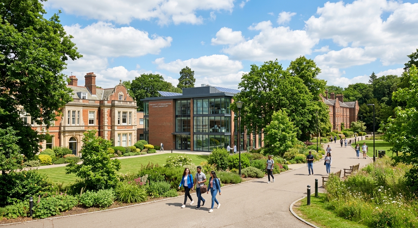 University of Roehampton parkland campus in southwest London, modern science laboratory building surrounded by green trees, students walking along pathways between historic college buildings, bright daylight with blue sky