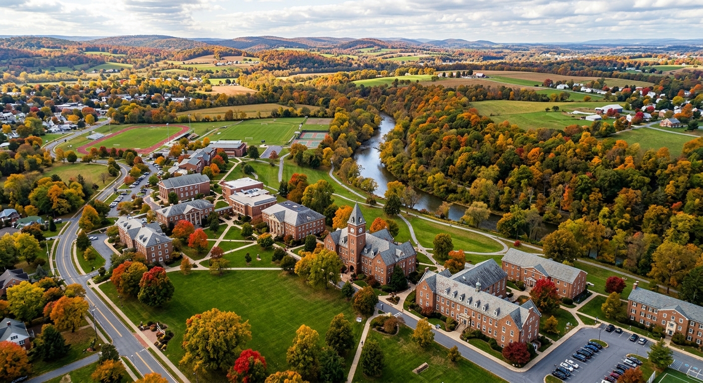 Aerial view of Wilson College campus in Chambersburg Pennsylvania, historic brick buildings surrounded by lush green lawns, Conococheague Creek winding through 300-acre campus, rolling hills and mature trees in autumn colors