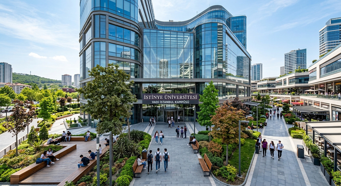 Istinye University Vadi Istanbul Campus, contemporary glass building integrated into Vadistanbul complex, modern urban campus with outdoor seating areas and landscaped walkways