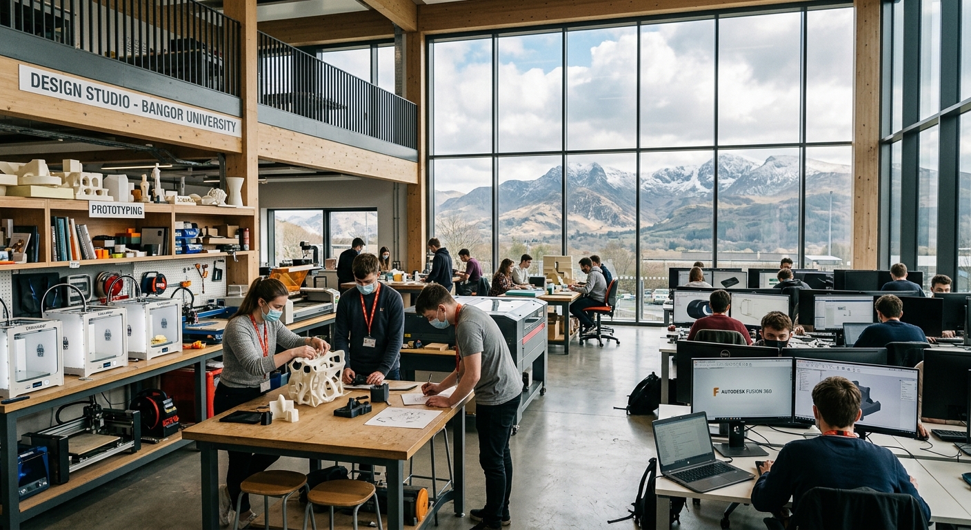 Bangor University campus with modern design studio, students working on product prototypes, mountains of Snowdonia visible through large windows, creative workshop environment with 3D printers and CAD workstations