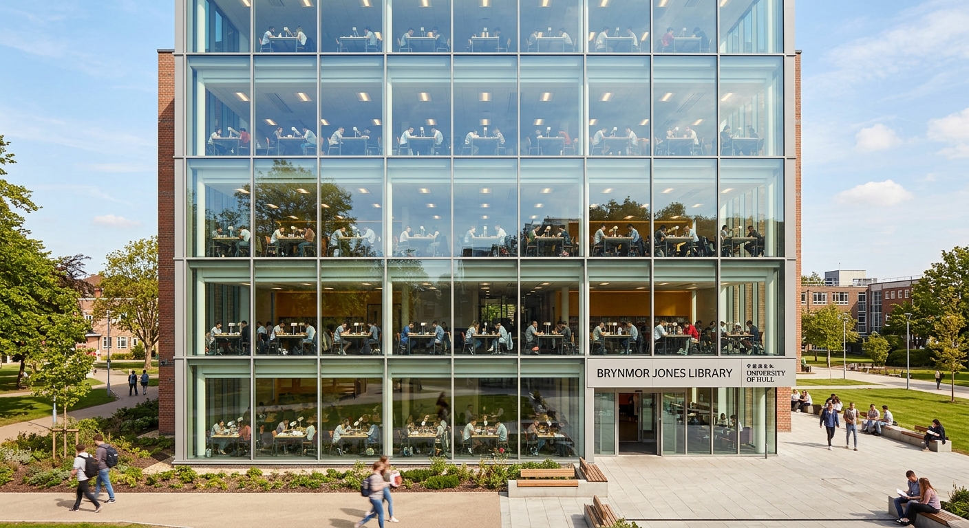 Brynmor Jones Library at University of Hull, modern seven-storey building with glass facade, students studying inside, warm daylight