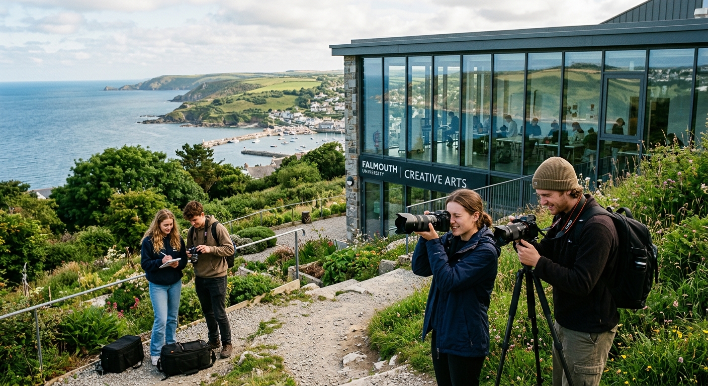 Falmouth University campus in Cornwall with coastal scenery, photography students working with cameras outdoors, creative arts building with large windows overlooking green landscape and ocean views