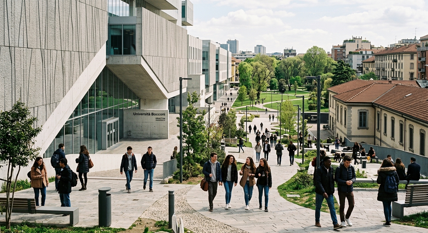 Modern Bocconi University campus in Milan Italy with contemporary architecture, international students walking through the courtyard, historic and new buildings integrated into the urban fabric, green park visible in background