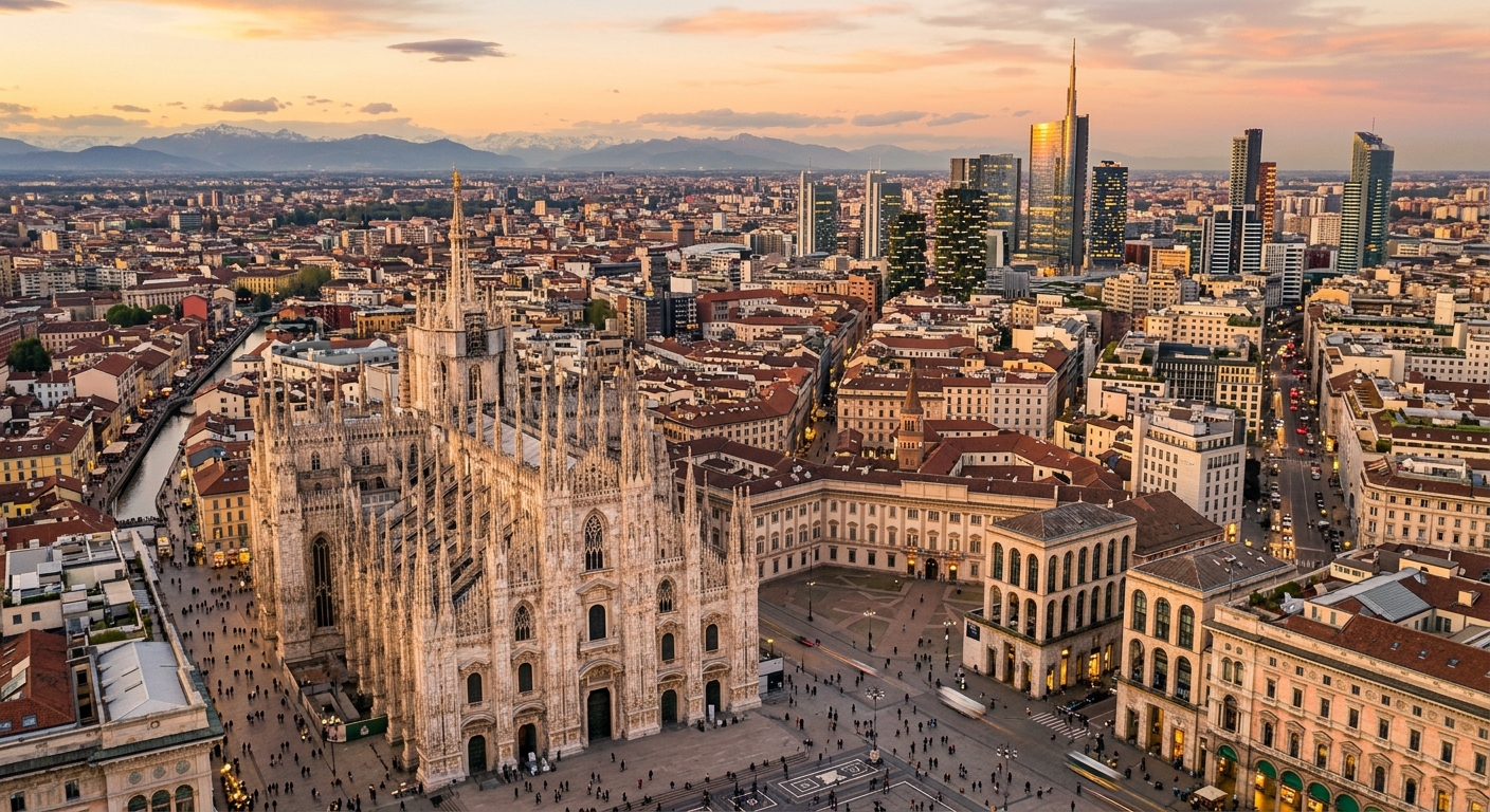 Milan city panoramic view, Duomo cathedral in foreground, modern skyscrapers in Porta Nuova district, golden hour light, fashion district streets, canal Navigli area, Italian urban landscape